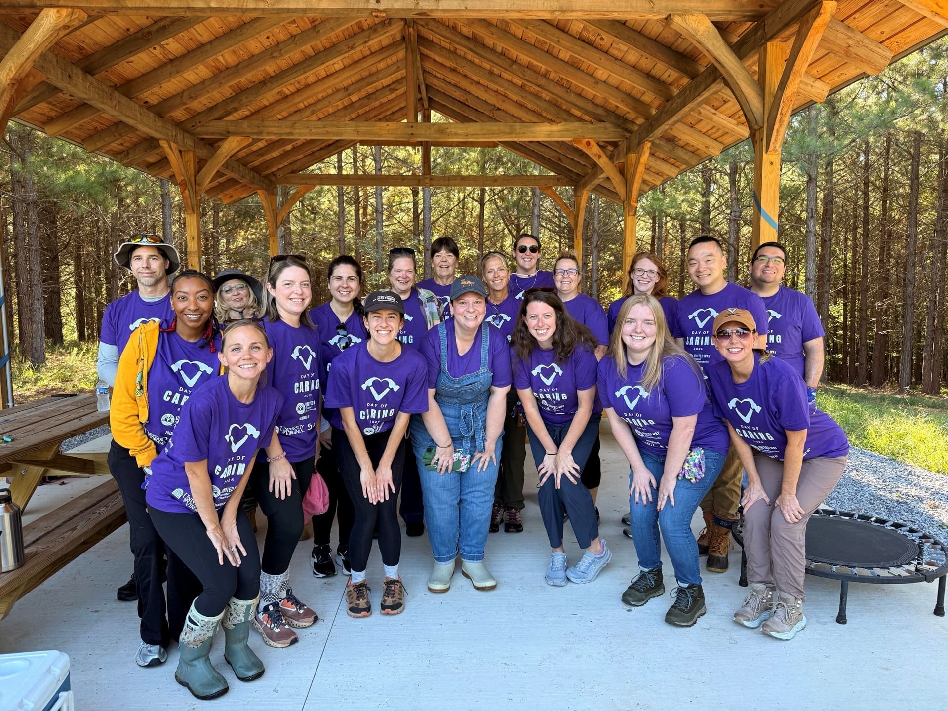 Volunteers from 5 Central UVA Medical Center and UVa Business Services gathered under the pavilion during the 2026 Day of Caring